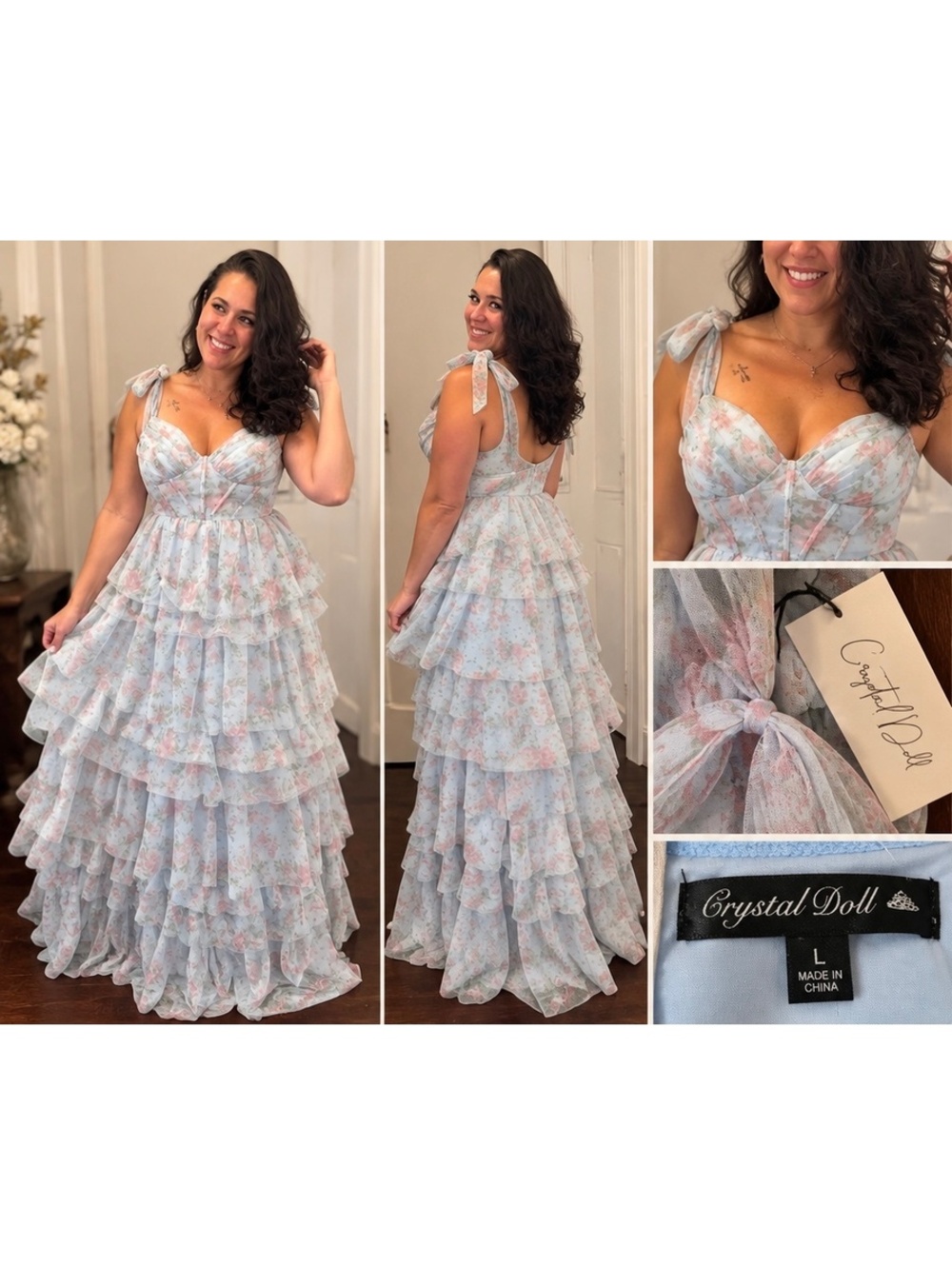 Crystal Doll Floral Ruffle Maxi Dress L Bridgerton Cottagecore Blue Pink